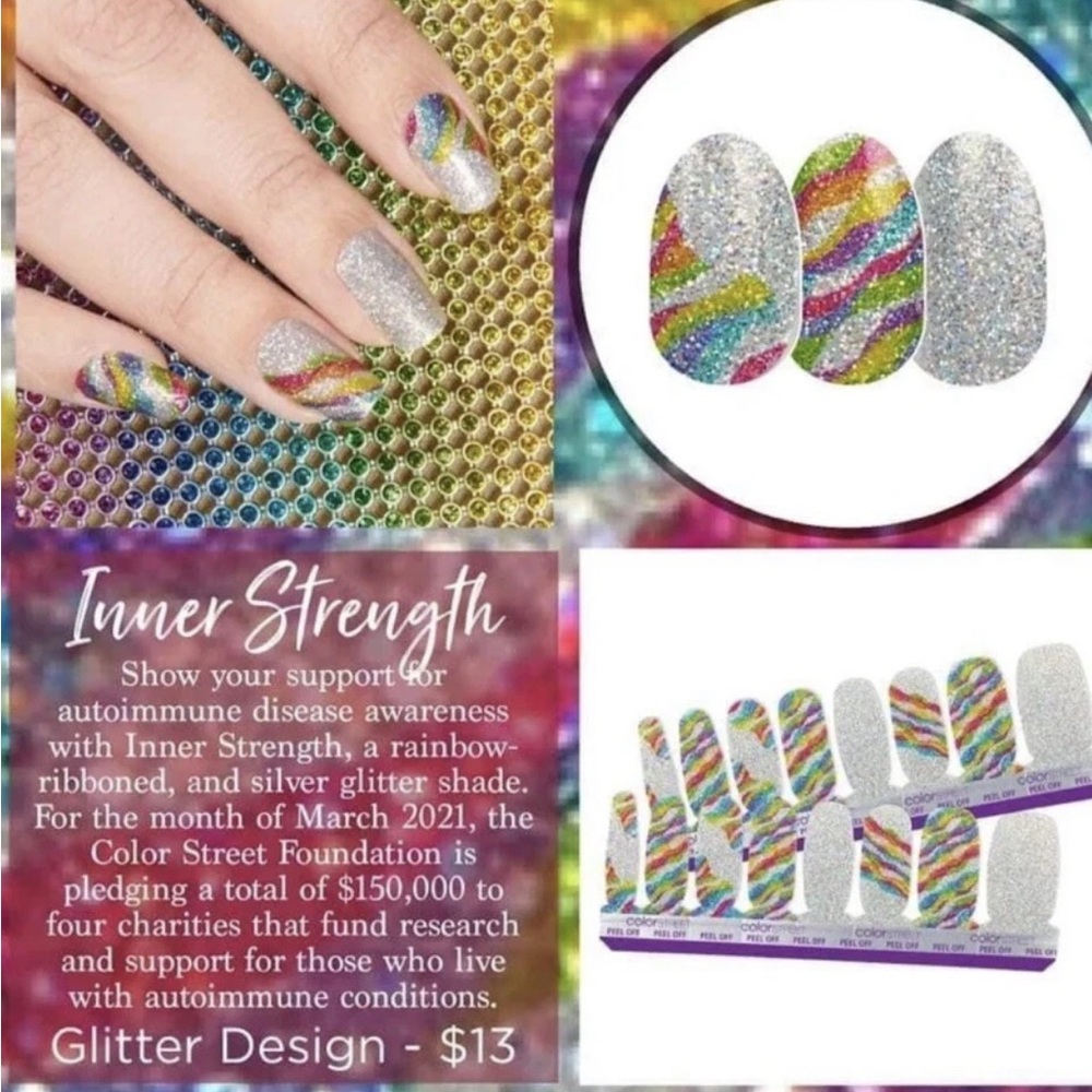 Color Street Inner Strength Rainbow & Silver Glitter Press-On Nails